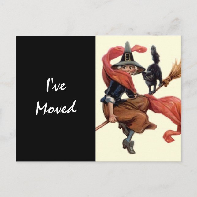 Tarjeta Postal Bruja Vintage en Escoba Dirección N (Anverso)