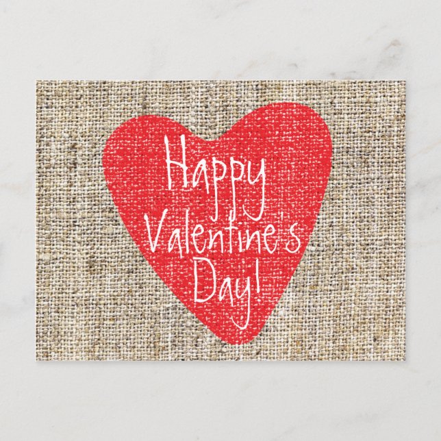 Tarjeta Postal Burlap Corazón Rojo del Día de San  (Anverso)
