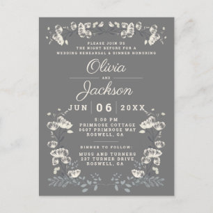 Tarjeta postal cena de ensayo de boda floral gris 