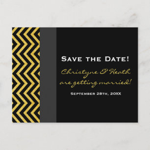 Tarjeta postal Chevron moderno negro y dorado Save
