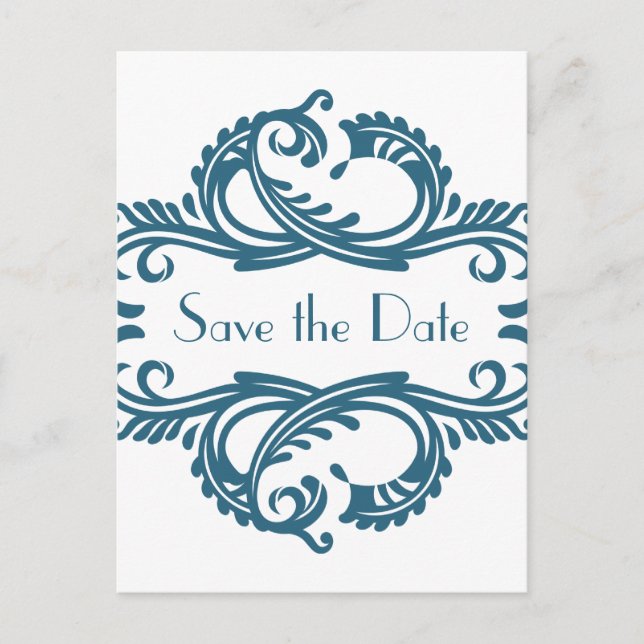 Tarjeta postal Chic Damask Save the Date, Azul (Anverso)