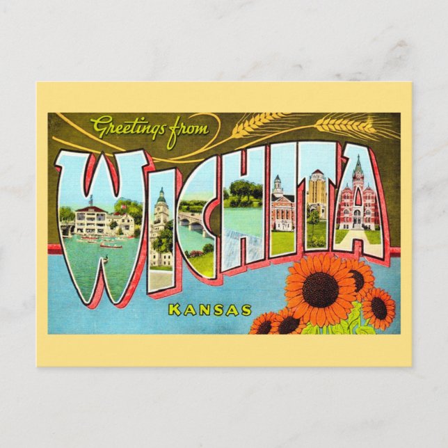 Tarjeta postal colorida de Wichita Kansas antigua (Anverso)