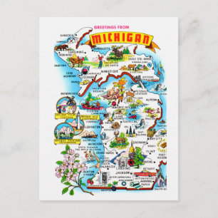 Tarjeta postal colorida del mapa de Michigan vinta