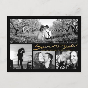 Tarjeta postal con brillo dorado falso y escrito a