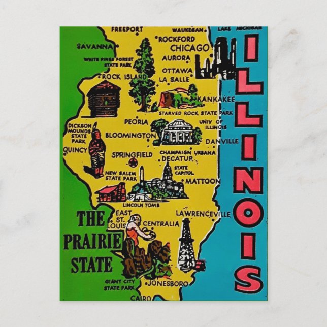 Tarjeta postal con calcomanía vintage de Illinois  (Anverso)