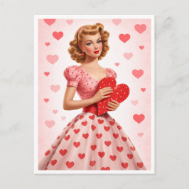 Tarjeta postal con diseño retro de corazón rosa de
