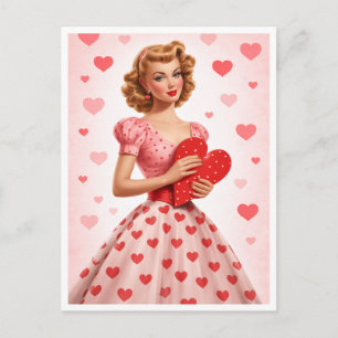 Tarjeta postal con diseño retro de corazón rosa de