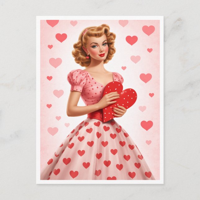 Tarjeta postal con diseño retro de corazón rosa de (Anverso)