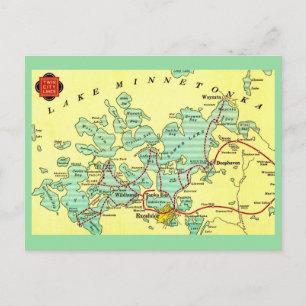 Tarjeta postal con mapa de Lake Minnetonka bordead