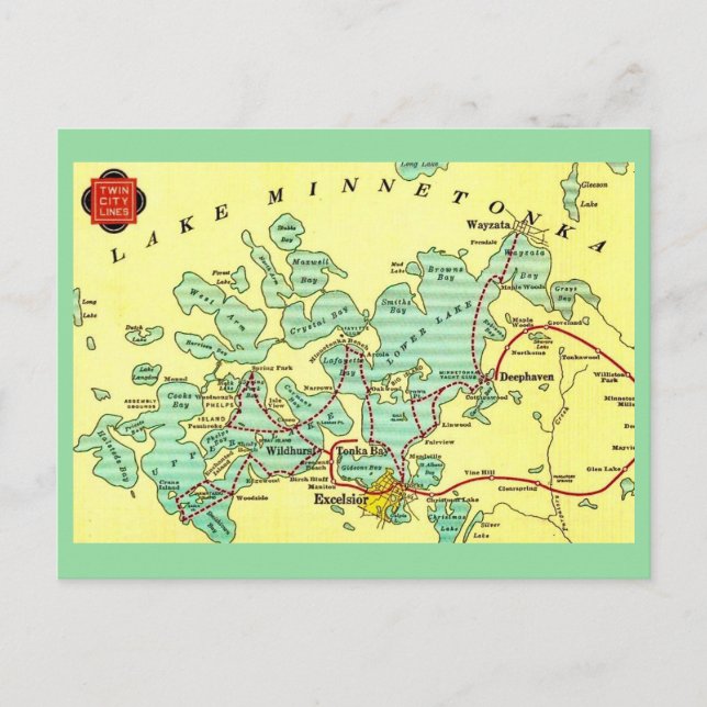Tarjeta postal con mapa de Lake Minnetonka bordead (Anverso)