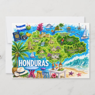 Tarjeta postal con mapa de viaje ilustrado de Hond