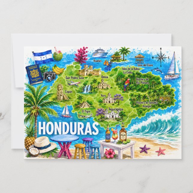 Tarjeta postal con mapa de viaje ilustrado de Hond (Anverso)