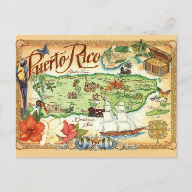 Tarjeta postal con mapa ilustrado de Puerto Rico (Anverso)