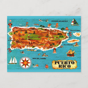Tarjeta postal con mapa ilustrado de Puerto Rico e