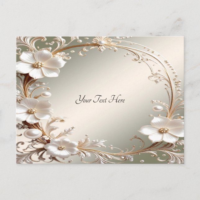 Tarjeta postal con marco floral blanco ornamentado (Anverso)
