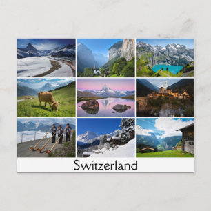 Tarjeta postal con paisajes y el texto: Suiza