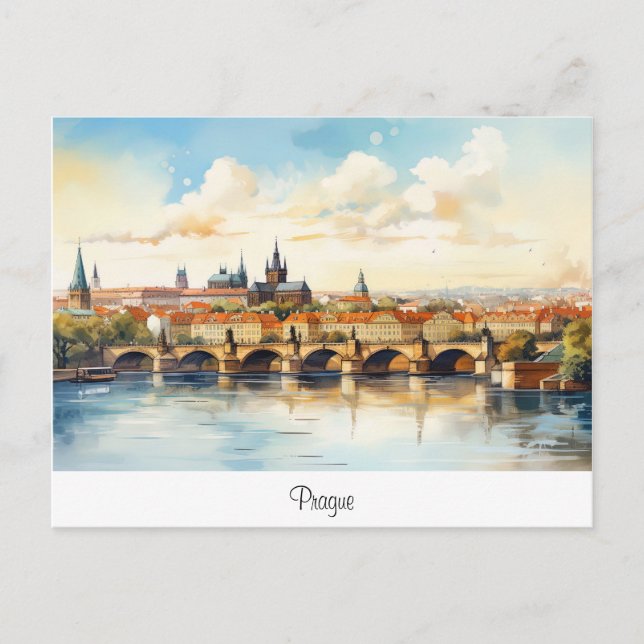 Tarjeta postal con Praga, paisaje pintado. (Anverso)
