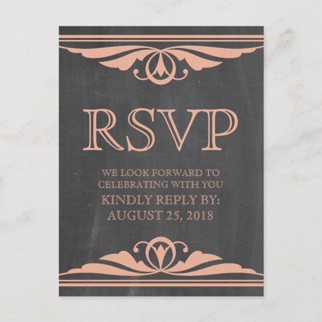 Tarjeta postal Coral Deco Chalkboard RSVP (Anverso)