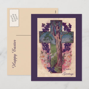 Tarjeta postal cristiana de cruz y árbol