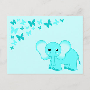 Tarjeta Postal Cuta Azul Bebé Elefante Y Mariposas