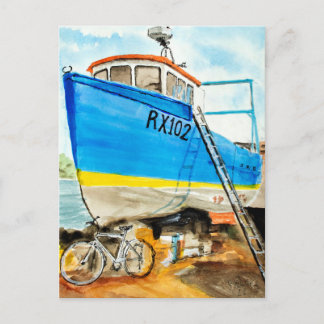 Tarjeta postal de acuarela de barco pesquero azul