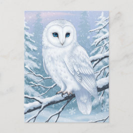 Tarjeta postal de acuarela de búho níveo en bosque