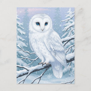 Tarjeta postal de acuarela de búho níveo en bosque