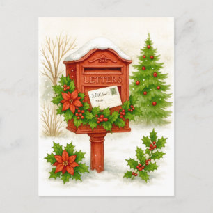 Tarjeta postal de acuarela de buzón de Navidad vin