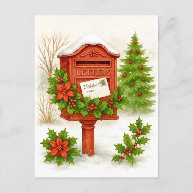 Tarjeta postal de acuarela de buzón de Navidad vin (Anverso)