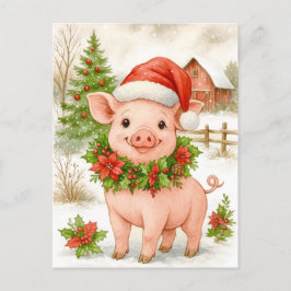 Tarjeta postal de acuarela de cerdito de Navidad