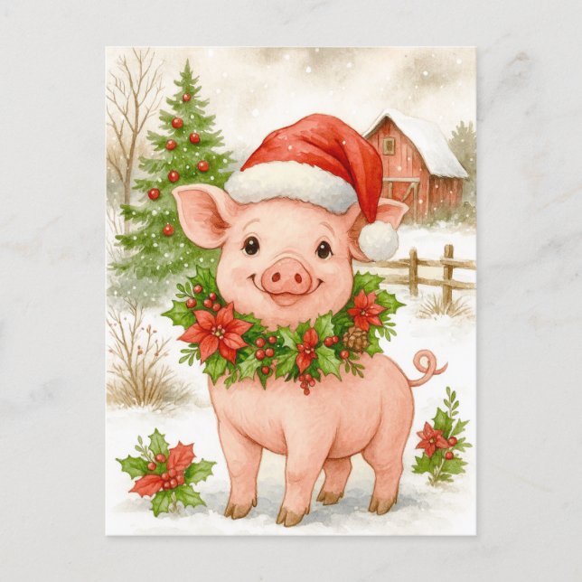 Tarjeta postal de acuarela de cerdito de Navidad (Anverso)
