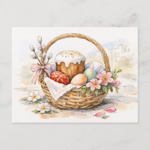 Tarjeta postal de acuarela de cesta de Pascua
