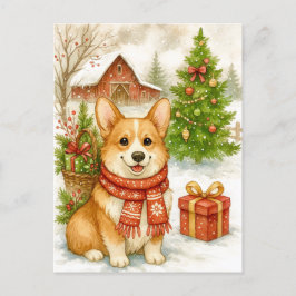 Tarjeta postal de acuarela de Corgi de Navidad en