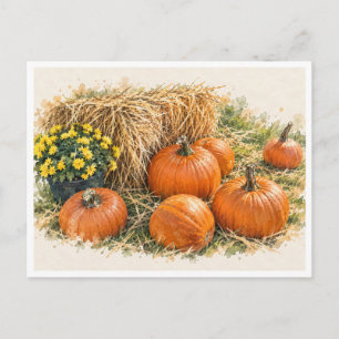 Tarjeta postal de acuarela de cosecha de calabaza