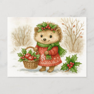 Tarjeta postal de acuarela de erizo de Navidad
