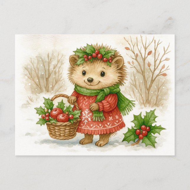 Tarjeta postal de acuarela de erizo de Navidad (Anverso)