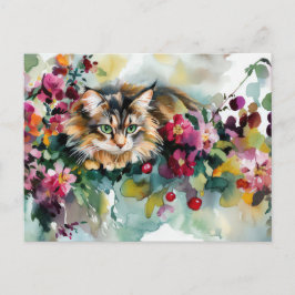 Tarjeta postal de acuarela de gato 