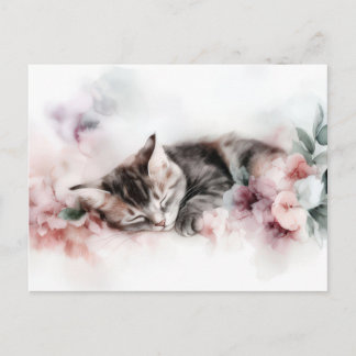 Tarjeta postal de acuarela de gato 