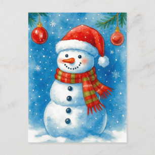 Tarjeta postal de acuarela de Navidad de muñeco de