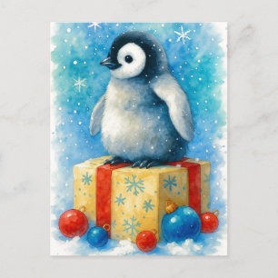 Tarjeta postal de acuarela de Navidad de pingüino