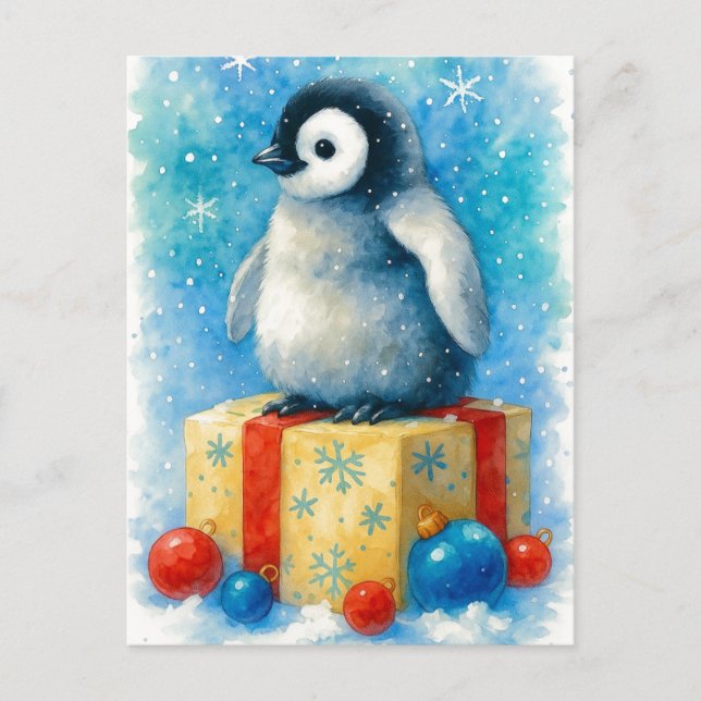 Tarjeta postal de acuarela de Navidad de pingüino  (Anverso)