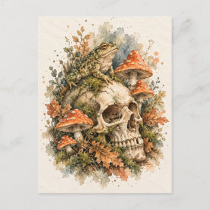 Tarjeta postal de acuarela de rana, calavera y hon