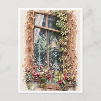 Tarjeta postal de acuarela de ventana romántica co