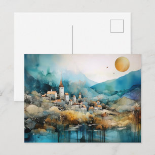 Tarjeta postal de acuarela del pueblo caprichoso