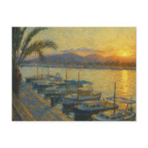 Tarjeta postal de acuarela del puerto al atardecer
