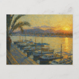 Tarjeta postal de acuarela del puerto al atardecer