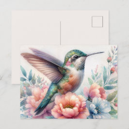 Tarjeta postal de acuarela floral de colibrí verde