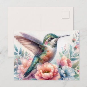 Tarjeta postal de acuarela floral de colibrí verde