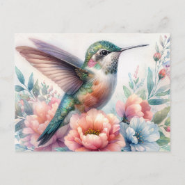Tarjeta postal de acuarela floral de colibrí verde