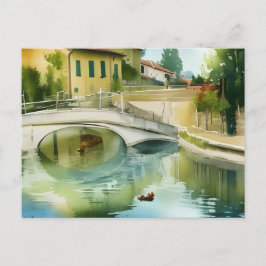 Tarjeta postal de acuarela panorámica del puente d